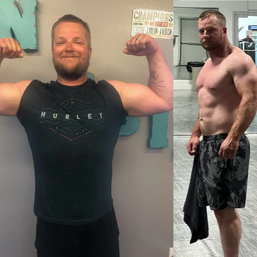 Before and after side profile physique transformation