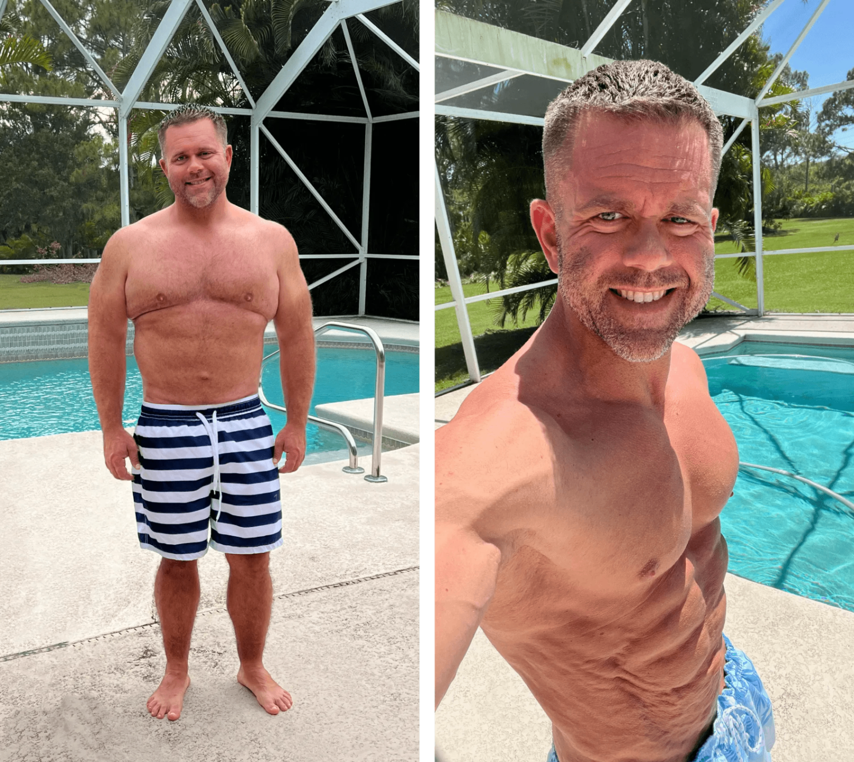 Client transformation by the pool showing improved physique and confidence