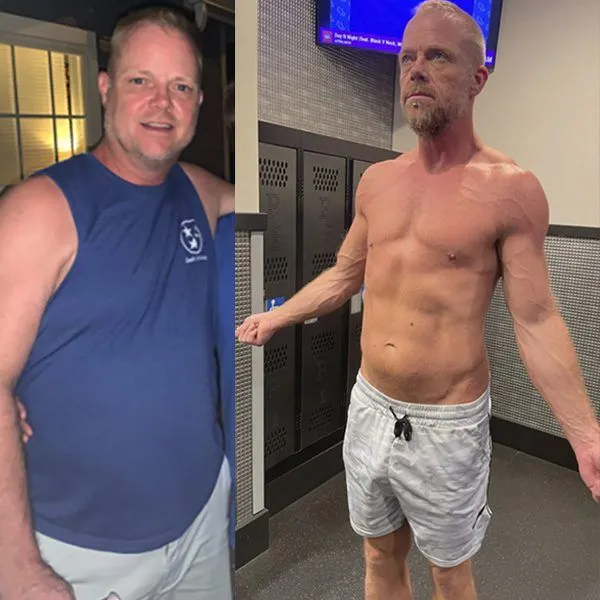 Before and after gym transformation showing dramatic improvement in leanness