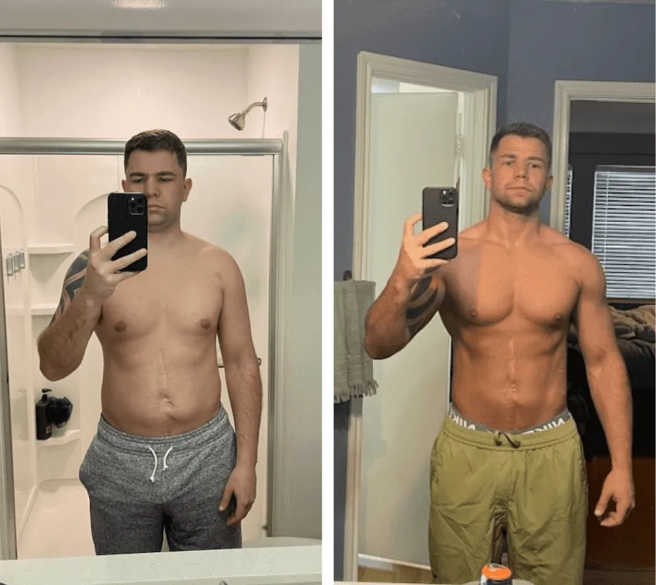 Before and after mirror selfie transformation showing major fat loss and muscle gain